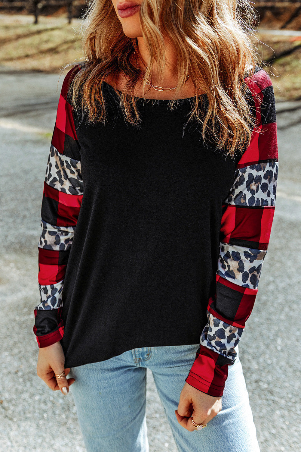 Elegant Black Off Shoulder Plaid & Leopard Long Sleeve Blouse