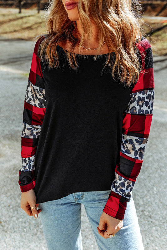 Elegant Black Off Shoulder Plaid & Leopard Long Sleeve Blouse