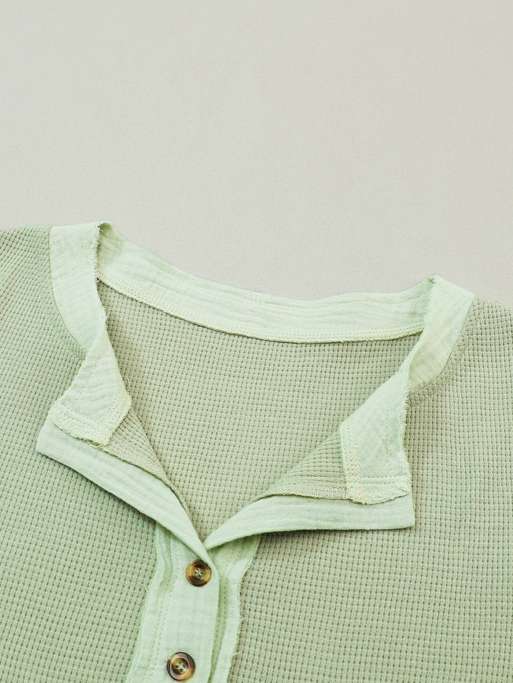 Green Textured Waffle Knit Henley Top