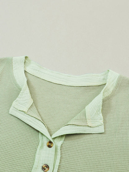 Green Textured Waffle Knit Henley Top