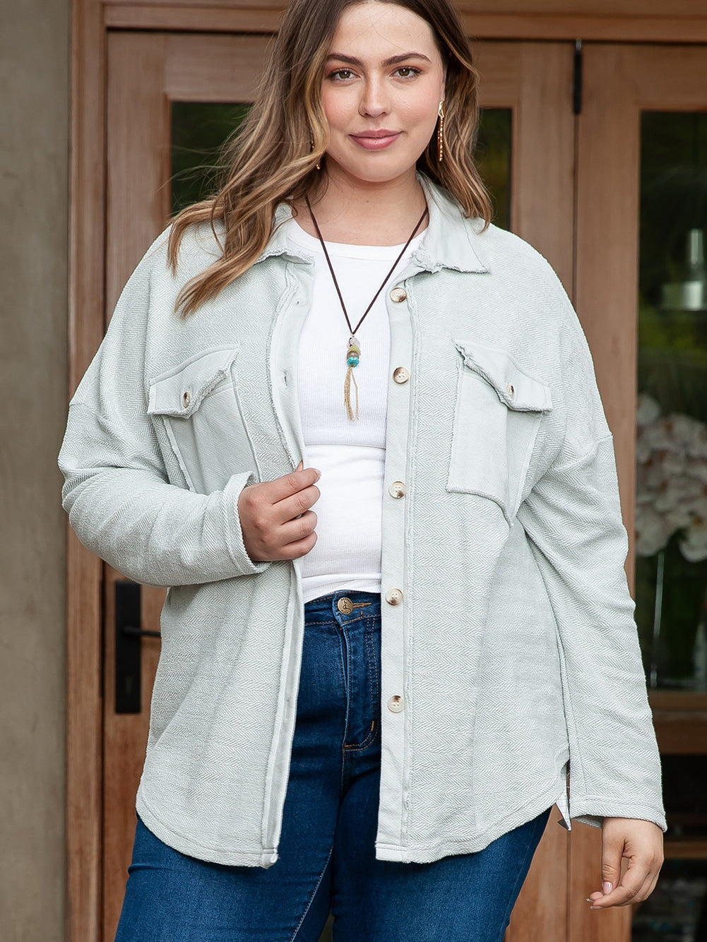 Gray Exposed Seam Flap Pocket Plus Size Shacket