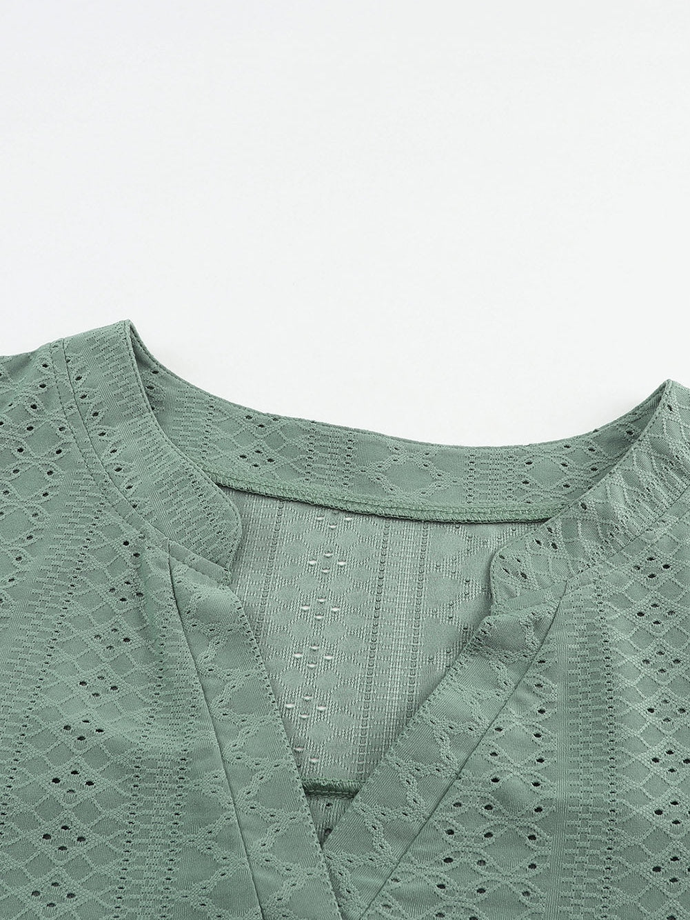 Green Eyelet Jacquard Split Neck Flounce Sleeve Plus Size Blouse