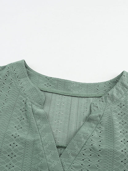 Green Eyelet Jacquard Split Neck Flounce Sleeve Plus Size Blouse