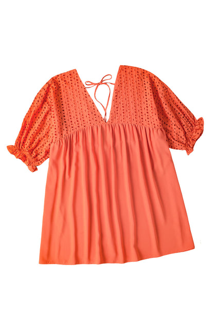 Elegant Eyelet Babydoll Dress with Carrot Contrast Bodice