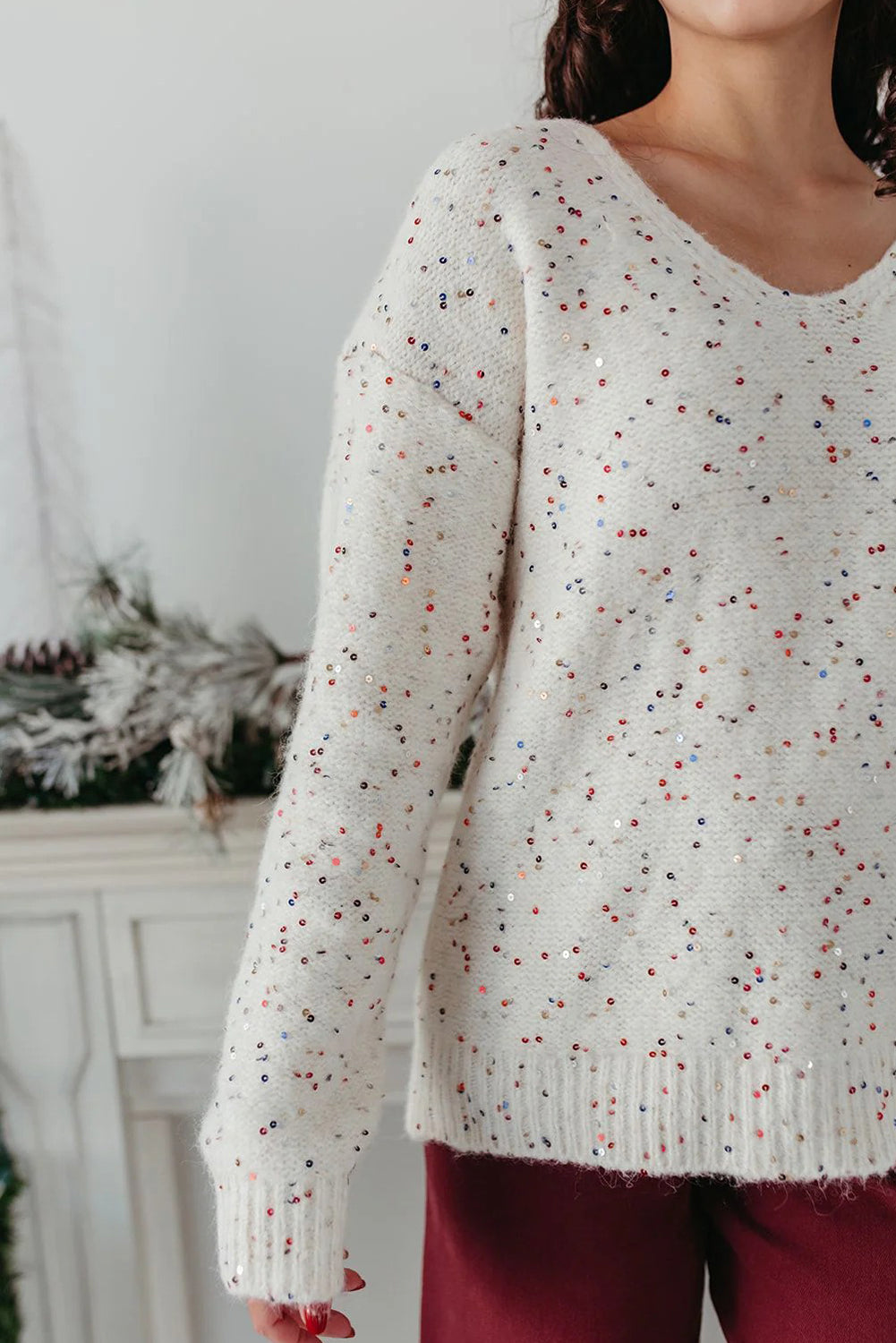 White Sequin Confetti V Neck Drop Shoulder Sweater