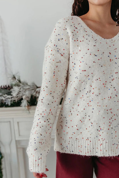 White Sequin Confetti V Neck Drop Shoulder Sweater