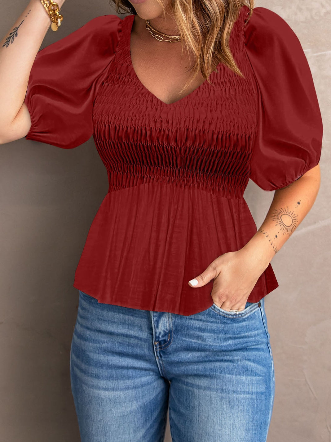 Fiery Crimson Smocked Peplum Blouse