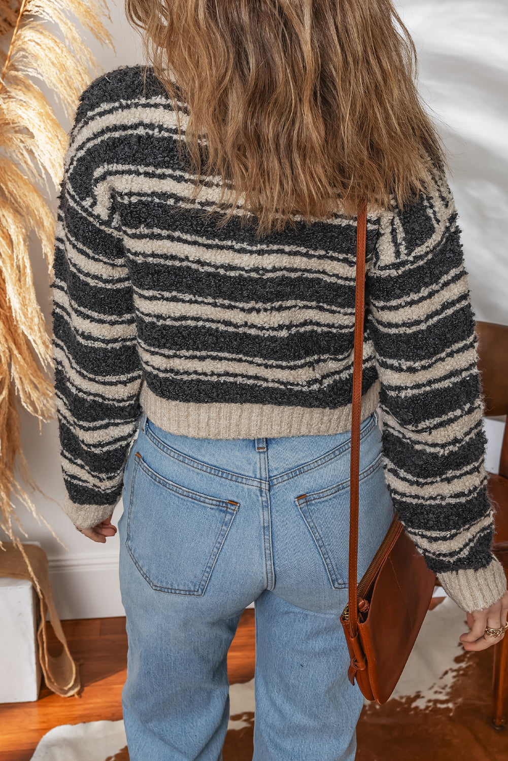 Black Stripe Fuzzy Knit Button V Neck Cropped Sweater
