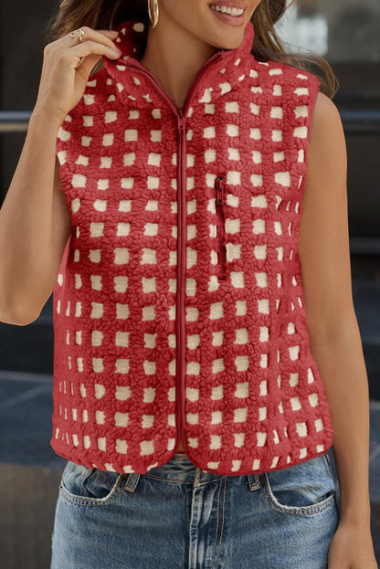 Red Checkered Texture Plush Zip Up Winter Vest