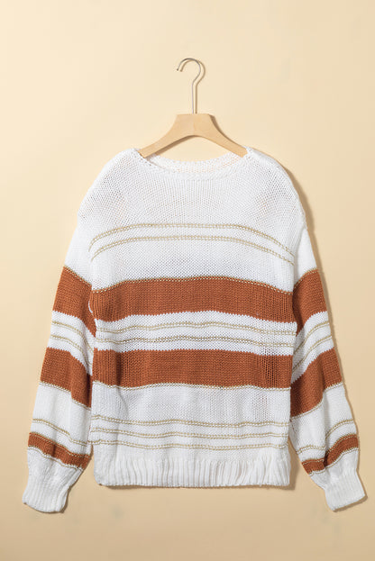 White Striped Knit Puff Sleeve Casual Sweater