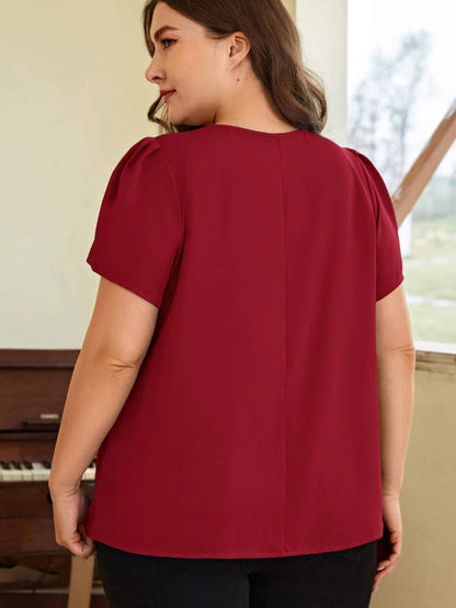 Red Dahlia Keyhole Pleated Crew Neck Plus Size T Shirt