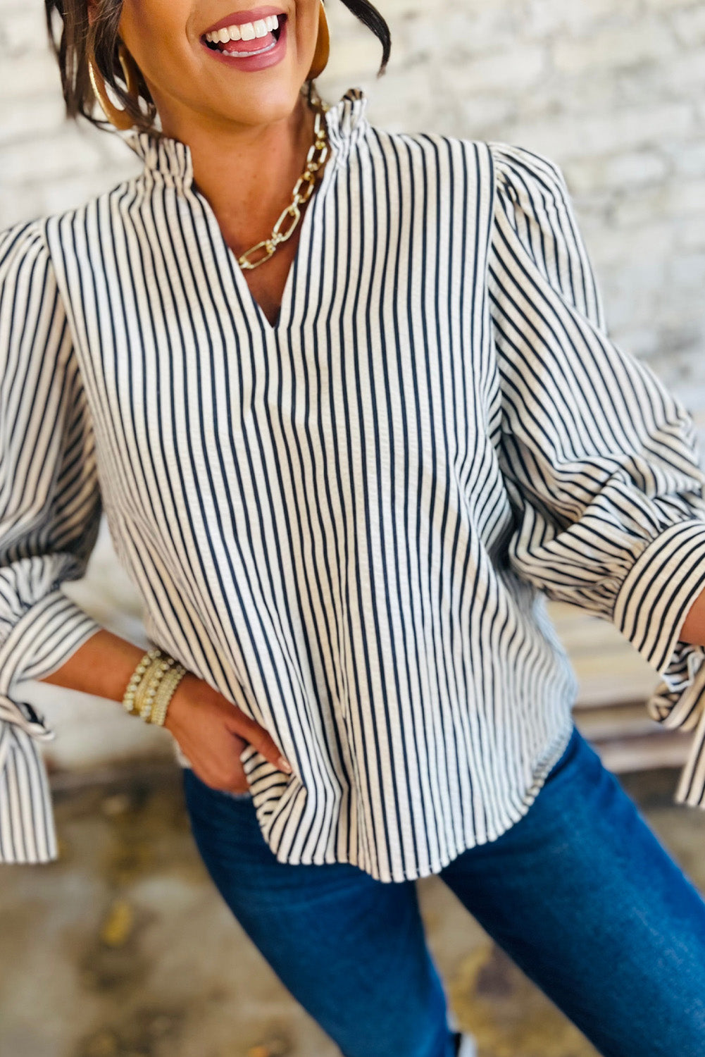 Black Stripe Knotted Cuff Long Sleeve V Neck Blouse