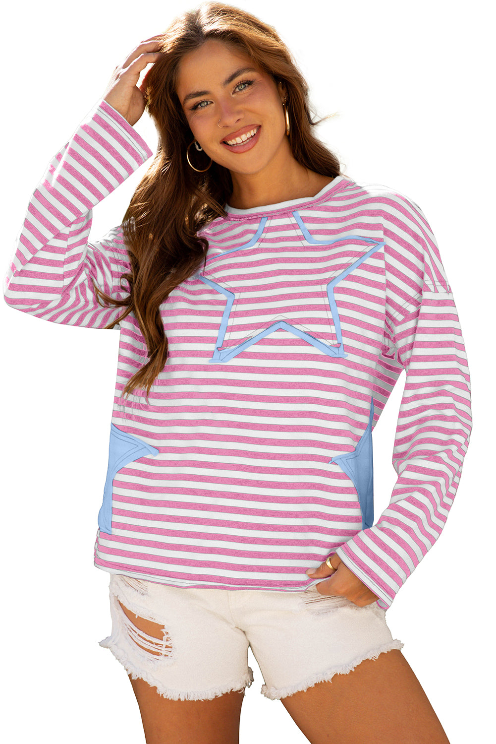 Pink Stripe Starry Patch Drop Shoulder Raw Edge Casual Knit Top