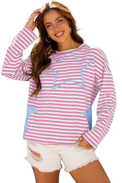 Pink Stripe Starry Patch Drop Shoulder Raw Edge Casual Knit Top