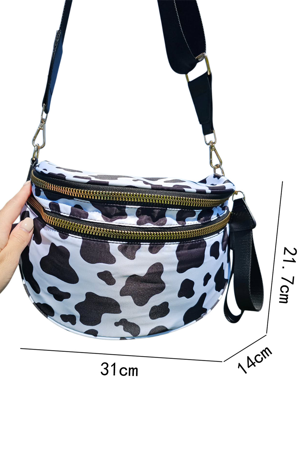 Black white Animal Spots Print Wide Strap Large Crossbody Bag