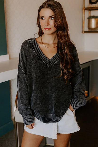 Black Mineral Wash V Neck Knit Exposed Seam Drop Shoulder Loose Sweater