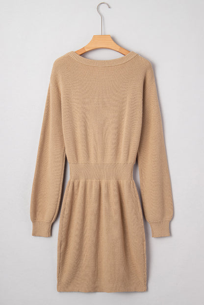 Smoke Gray Pearl Embellished Keyhole Ribbed Sweater Dress