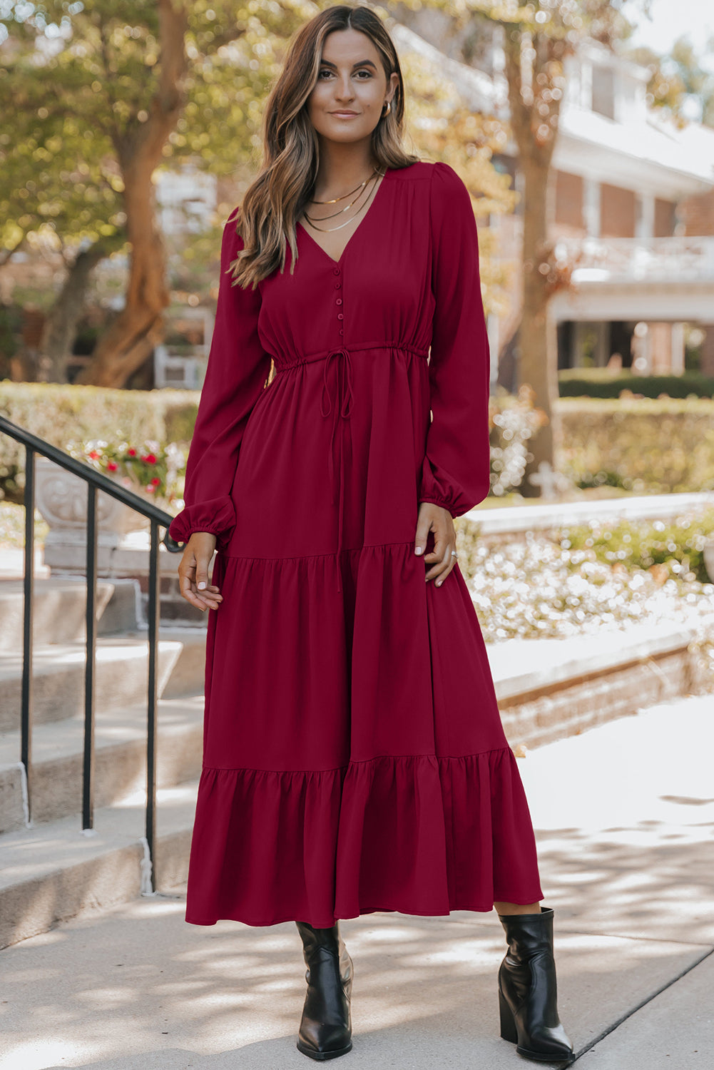 Burgundy Solid Long Sleeve Button V Neck Tiered Maxi Dress