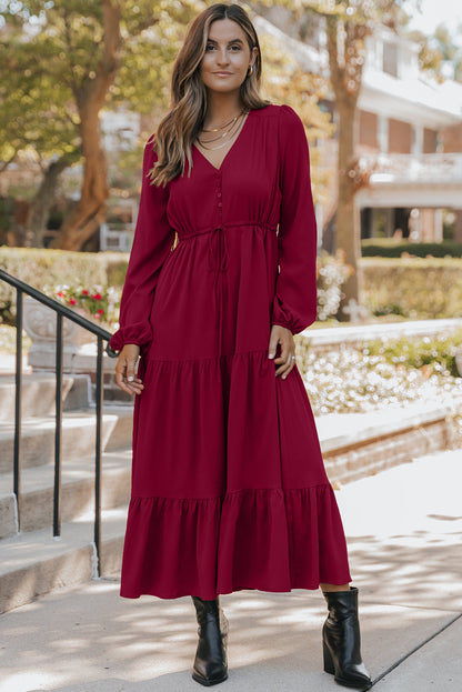 Burgundy Solid Long Sleeve Button V Neck Tiered Maxi Dress