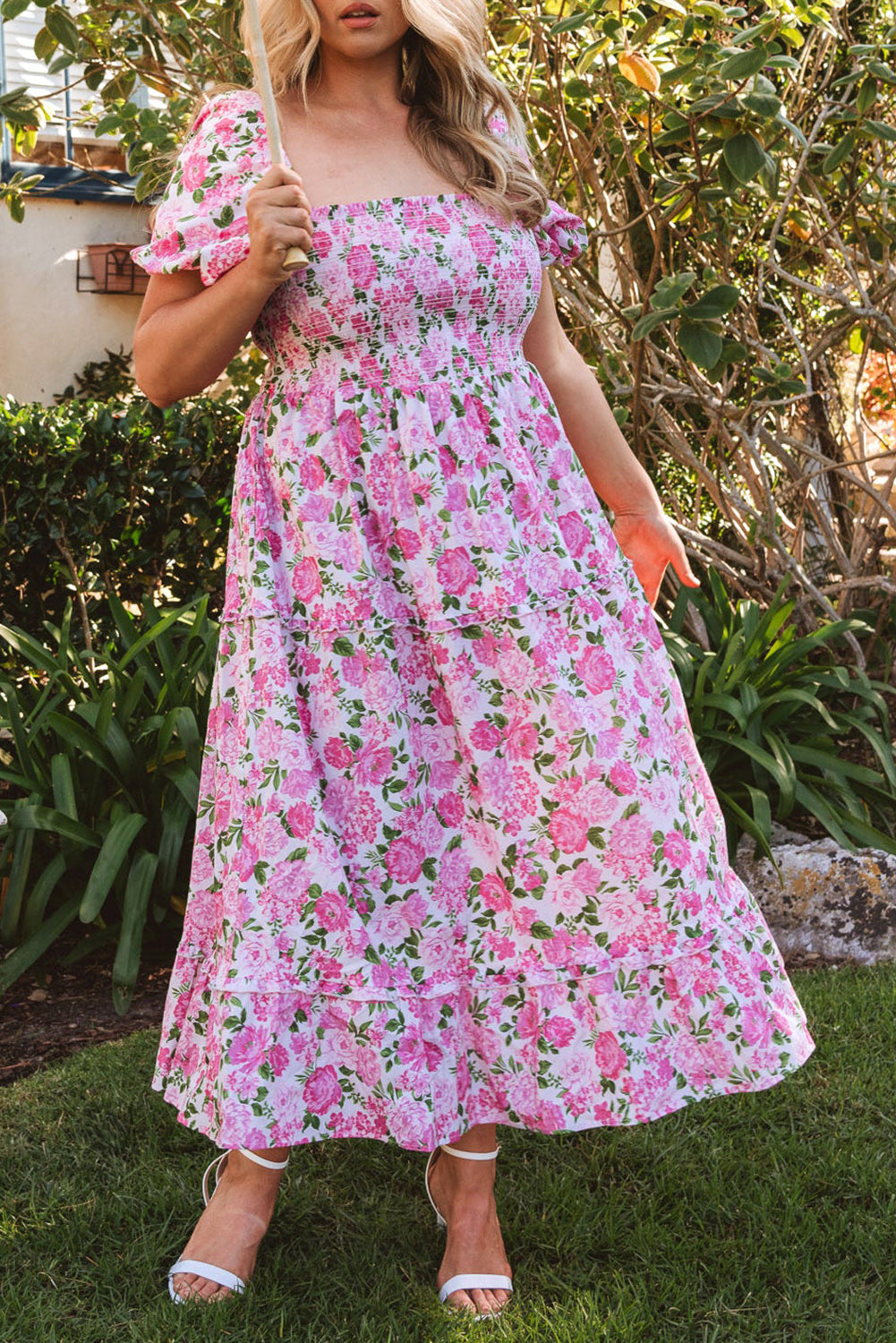 Elegant Pink Floral Smocked Puff Sleeve Maxi Dress