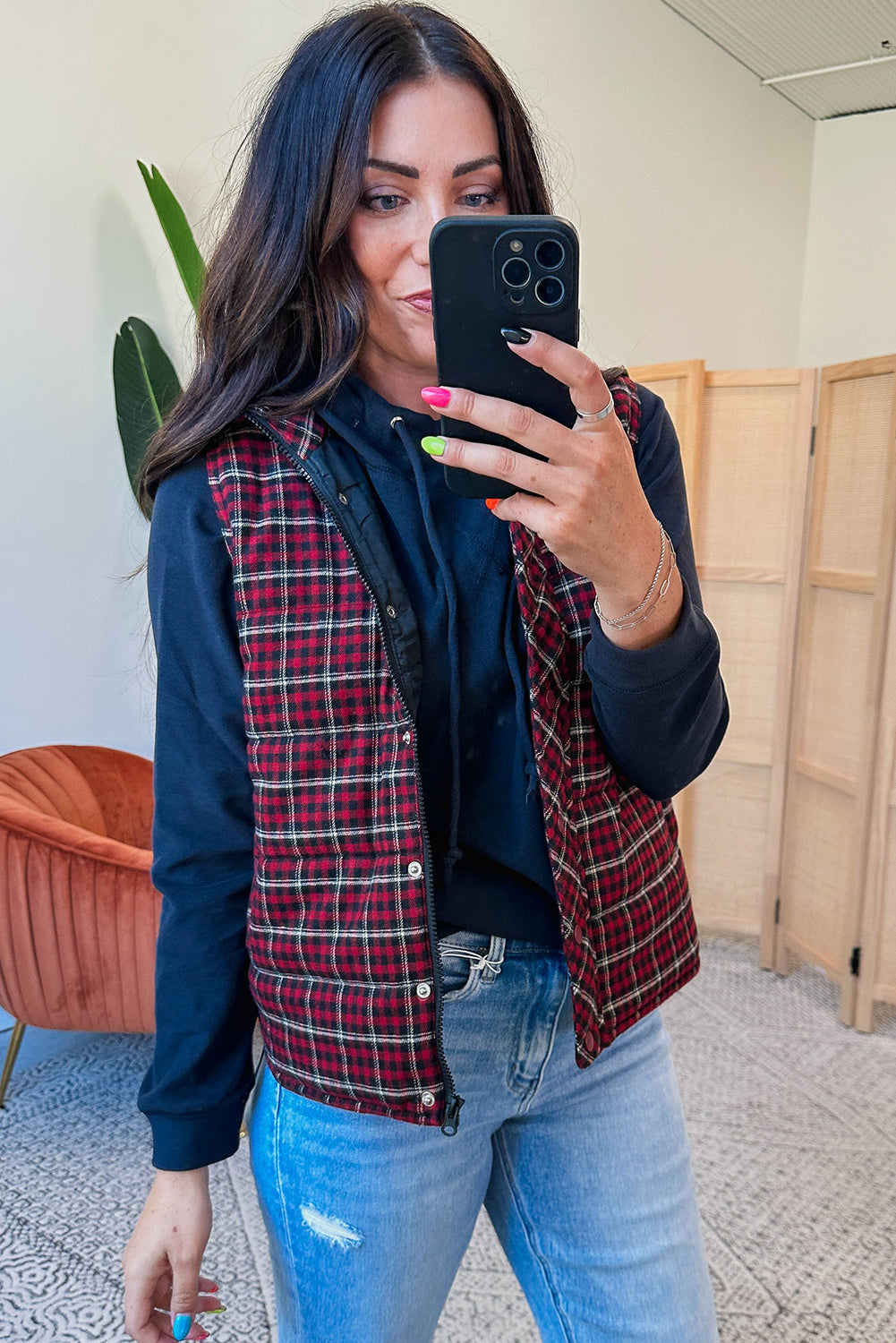 Red Retro Plaid Snap Button Zip Up Winter Vest