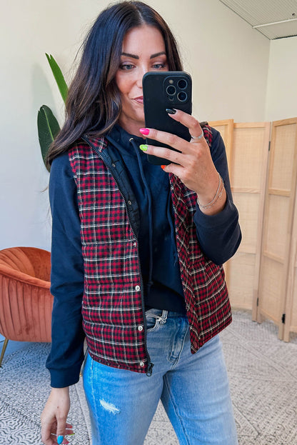 Red Retro Plaid Snap Button Zip Up Winter Vest