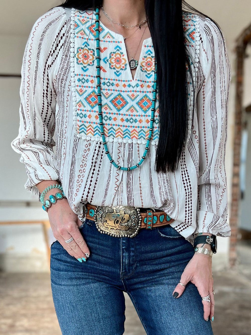 Ethnic Chic White Aztec Embroidered Notched Blouse