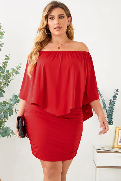 Fiery Red Plus Size Layered Mini Poncho Dress with Versatile Neckline