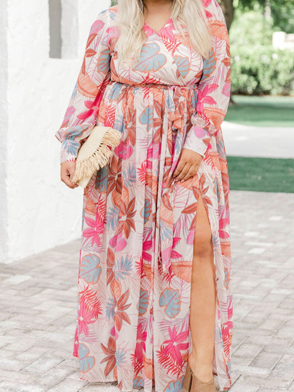Tropical Print V-Neck Maxi Dress with High Waist Tie - Plus Size