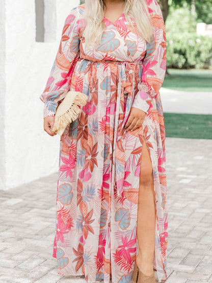 Tropical Print V-Neck Maxi Dress with High Waist Tie - Plus Size