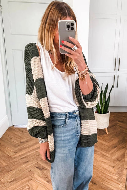 Green Stripe Drop Shoulder Open Slouchy Cardigan
