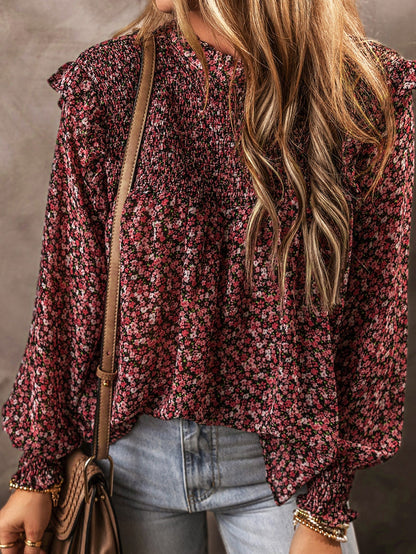 Fiery Red Floral Smocked Ruffle Long Sleeve Blouse for Women
