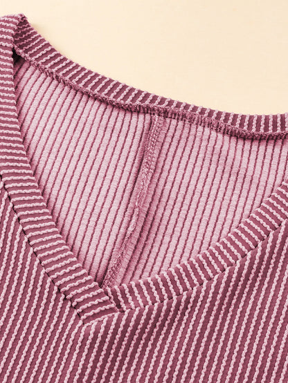 Rose Pink Textured V-Neck Dropped Shoulder Plus T-Shirt