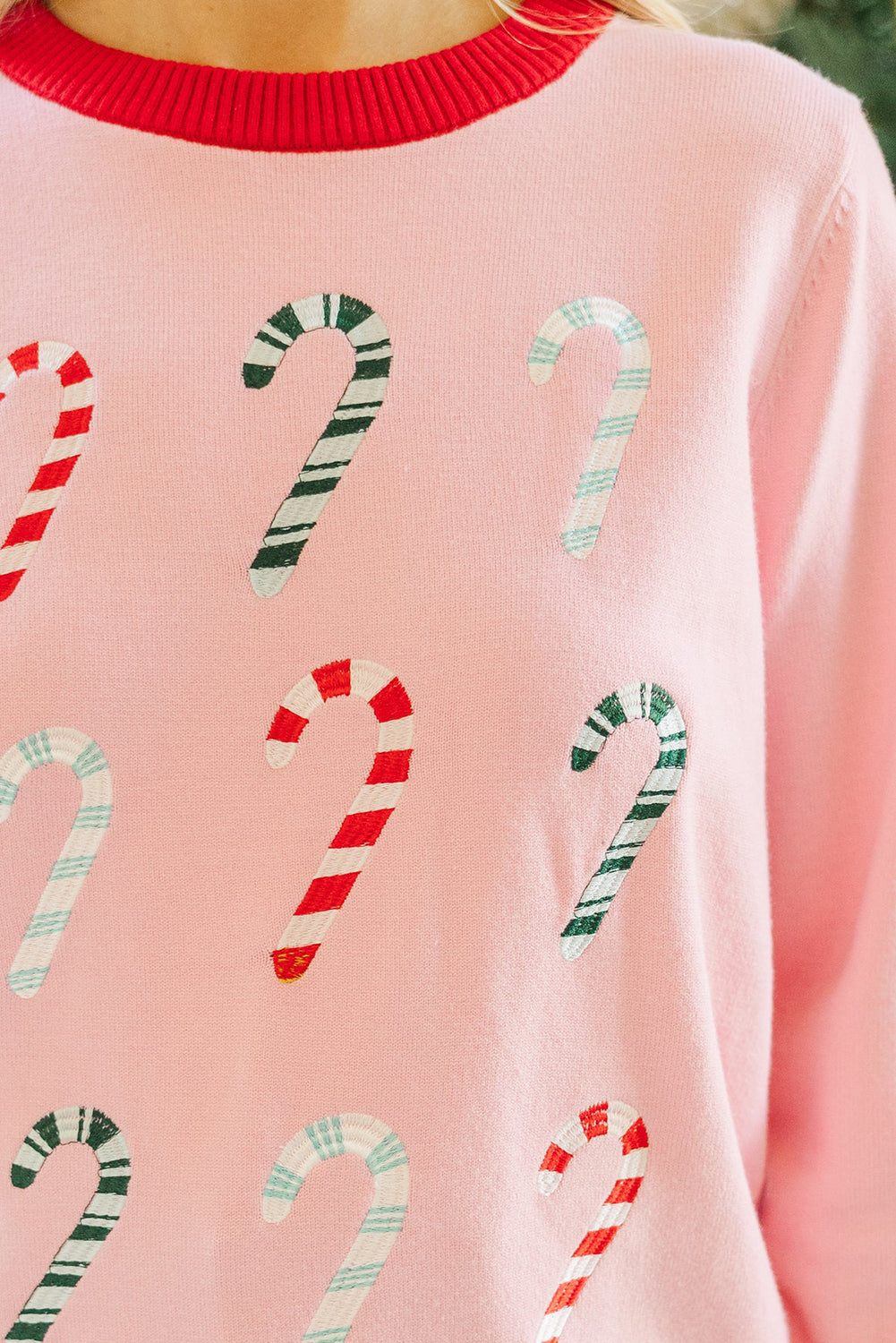 Gossamer Pink Color Block Trim Round Neck Candy Cane Embroidered Sweater