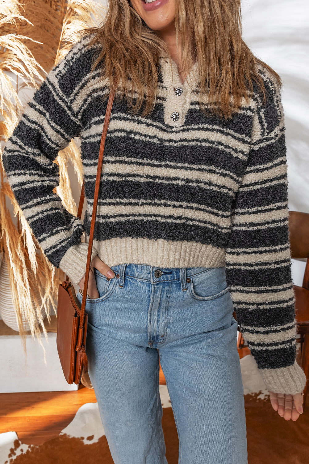 Black Stripe Fuzzy Knit Button V Neck Cropped Sweater