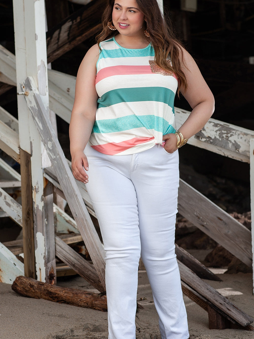 Vibrant Striped Plus Size Crew Neck Tankini Top