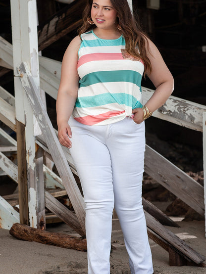 Vibrant Striped Plus Size Crew Neck Tankini Top