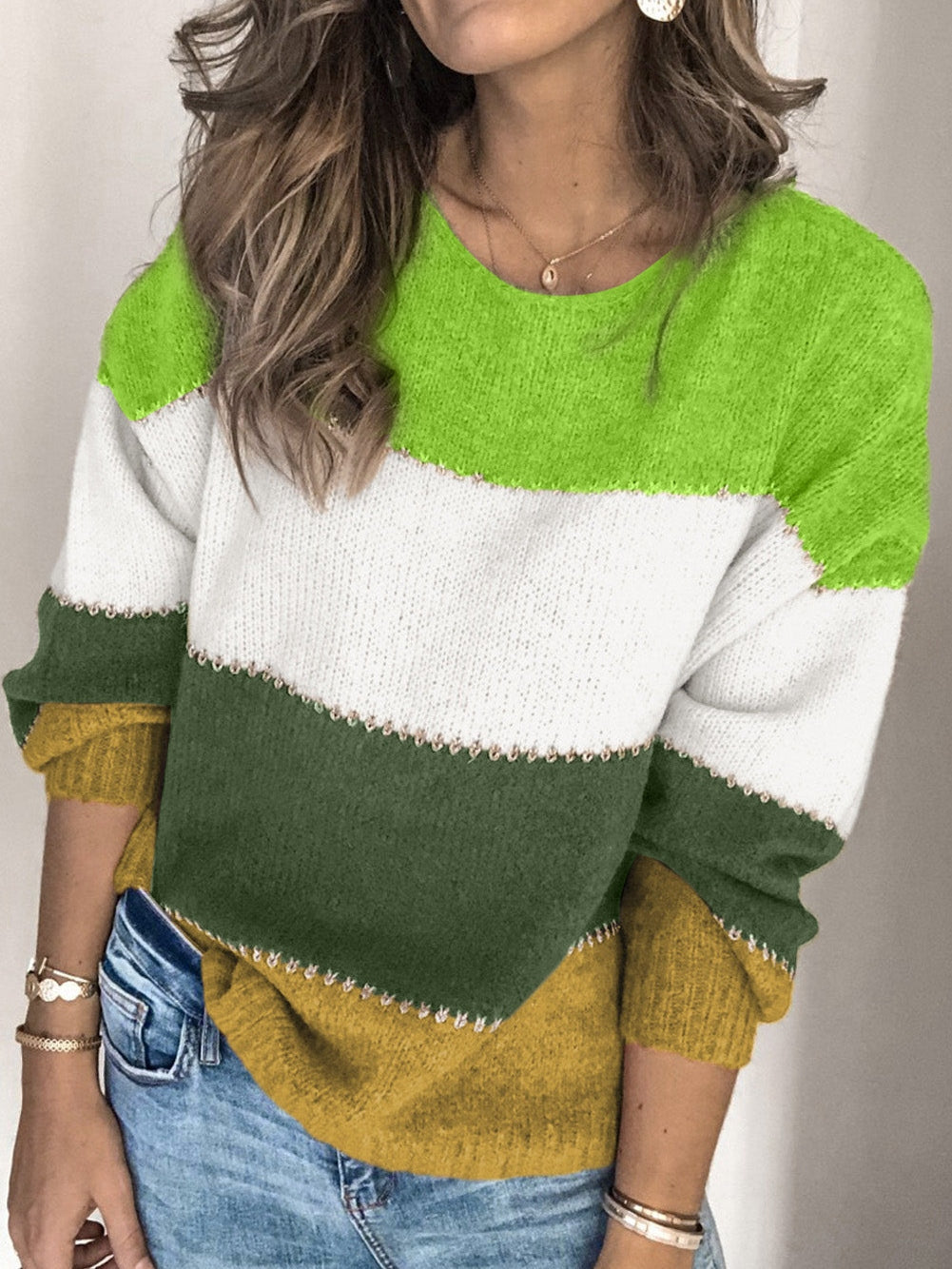 Green Color Block Winter Sweater - Stylish Pullover for Women