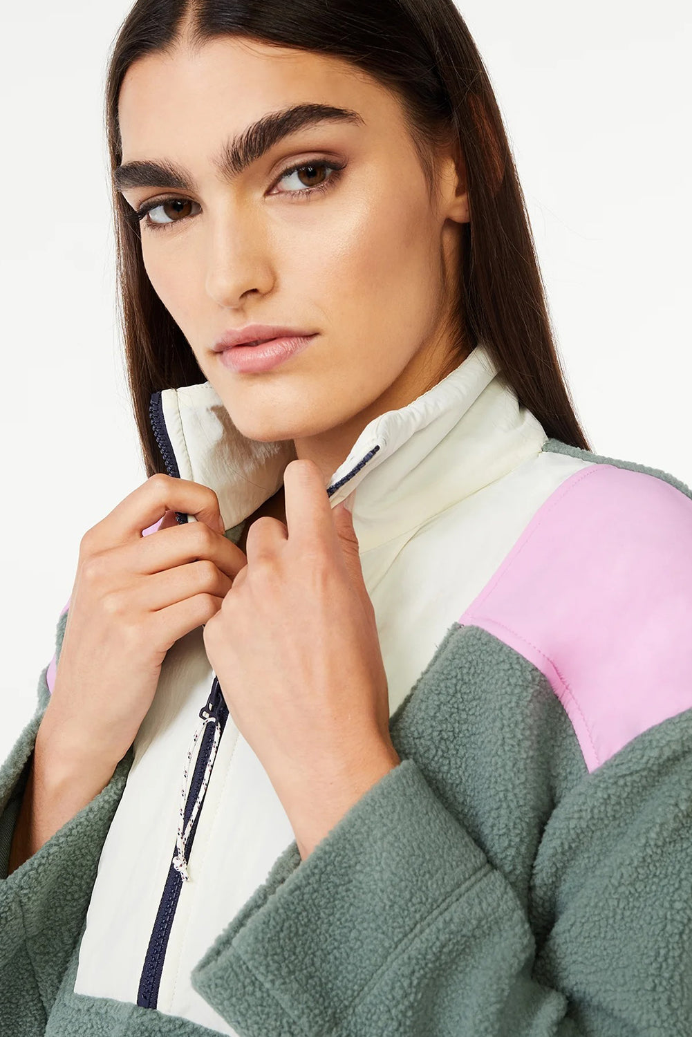 Green Fleece Color Block Patchwork Half Zip Sweatshirt