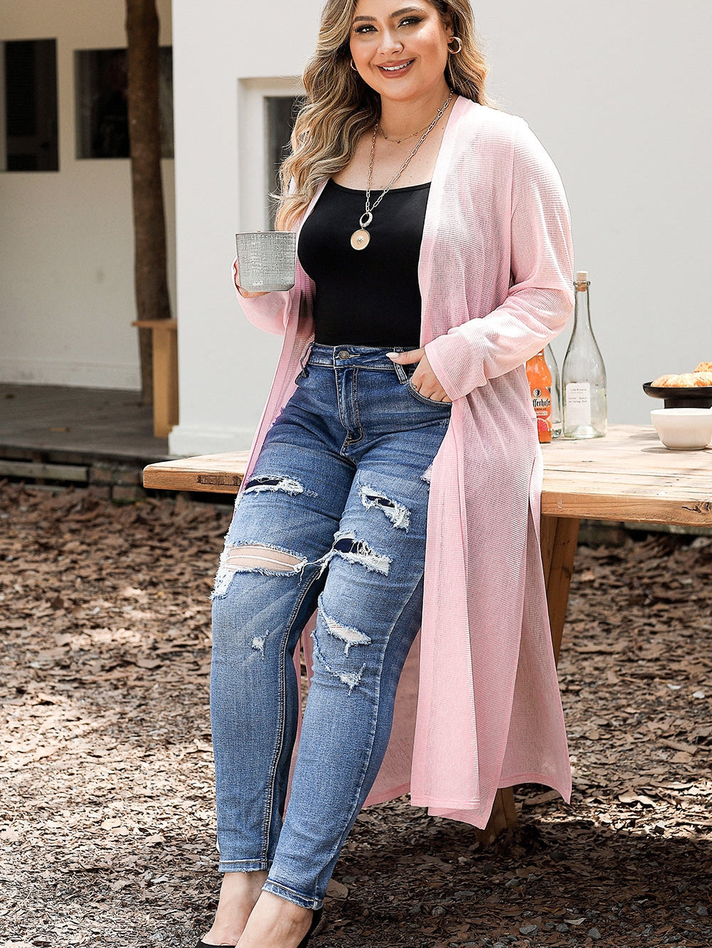 Pink Sheer Knit Long Side Slit Plus Size Cardigan with Southern Belle Style