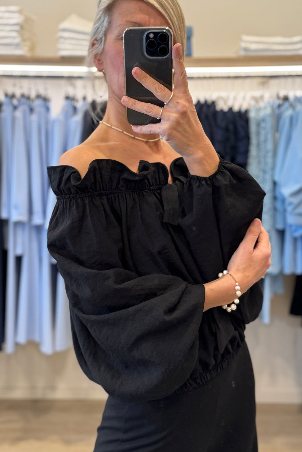 Black Knot Front Frilled Off Shoulder Long Sleeve Blouse
