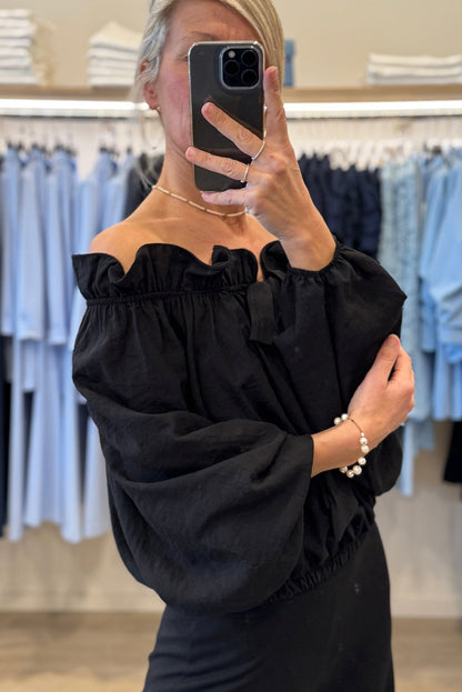 Black Knot Front Frilled Off Shoulder Long Sleeve Blouse