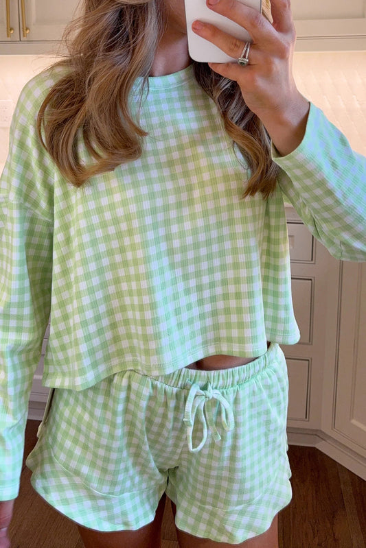 Green Gingham Long Sleeve Loose Top Drawstring Shorts 2pcs Pajama Set