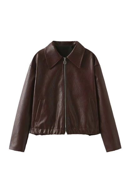 Wild Ginger Retro Elastic Hem Zip Up Leatherette Jacket