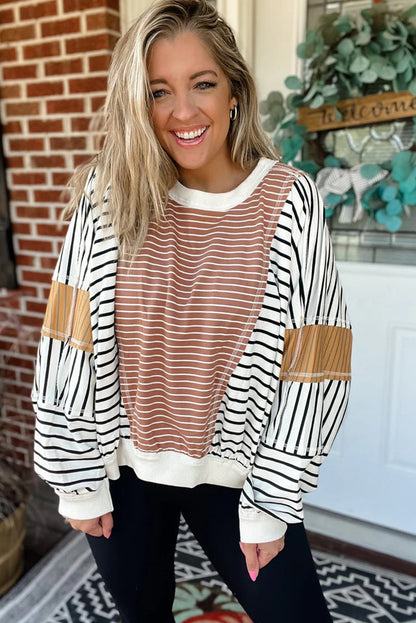 Pink Striped Color Block Patchwork Exposed Seam Oversize Long Sleeve Top