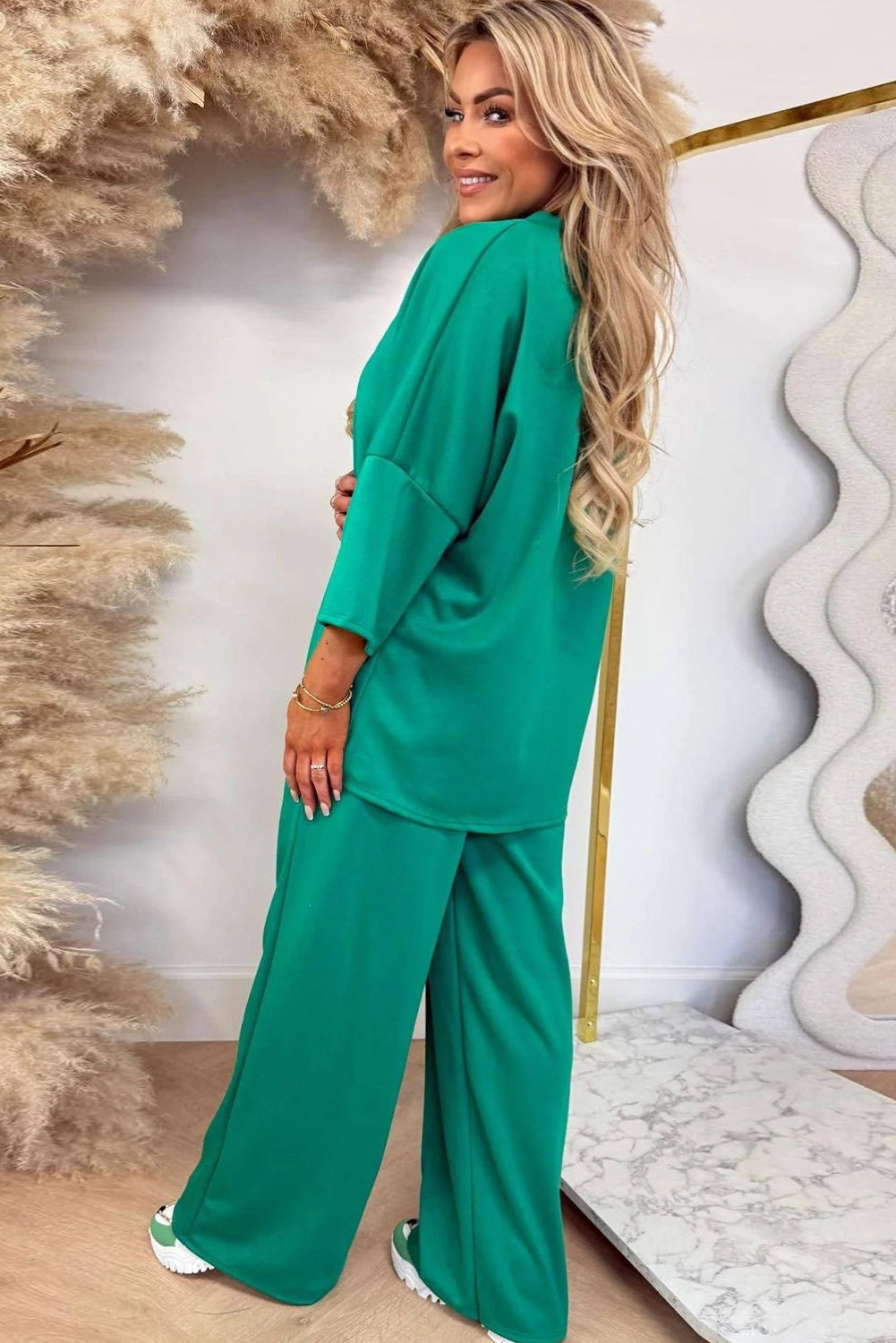Sea Green 3/4 Sleeve Loose Top Drawstring Wide Leg Pant Set