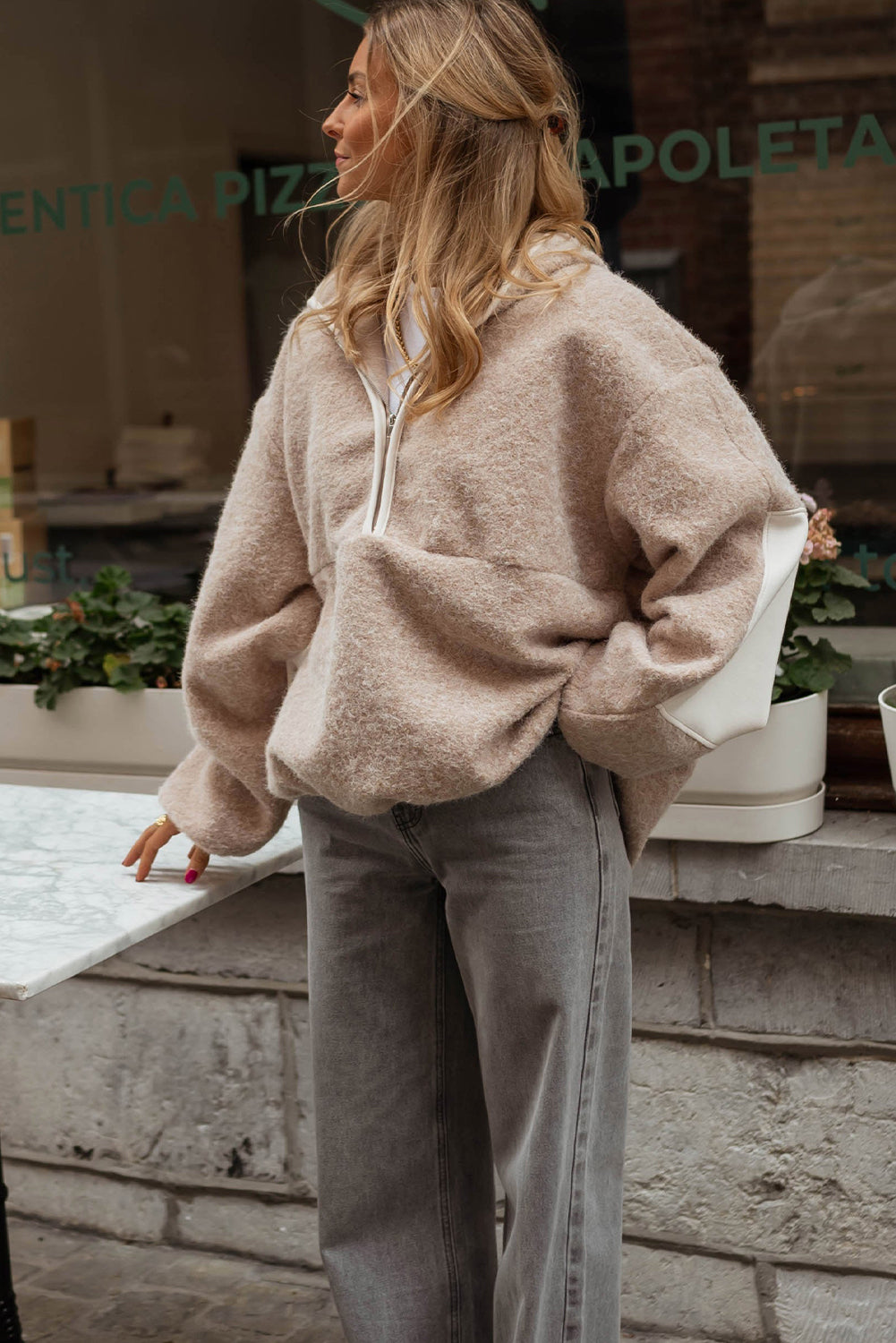 Parchment Woolen Blend Uneven Hem Half Zipped Pullover Baggy Hoodie