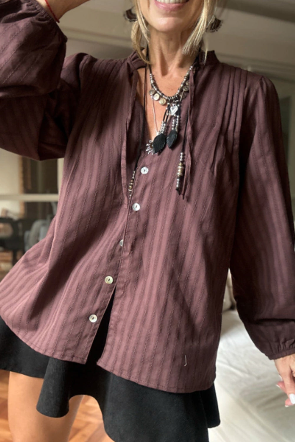 Wild Ginger  Striped Jacquard Tie Split Neck Long Puff Sleeve Shirt