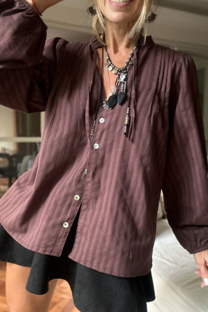 Wild Ginger  Striped Jacquard Tie Split Neck Long Puff Sleeve Shirt