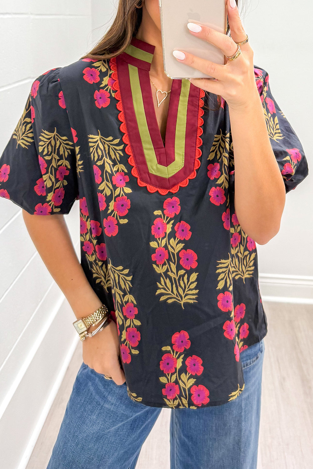 Black Floral Short Bubble Sleeve Contrast Slit Neckline Blouse